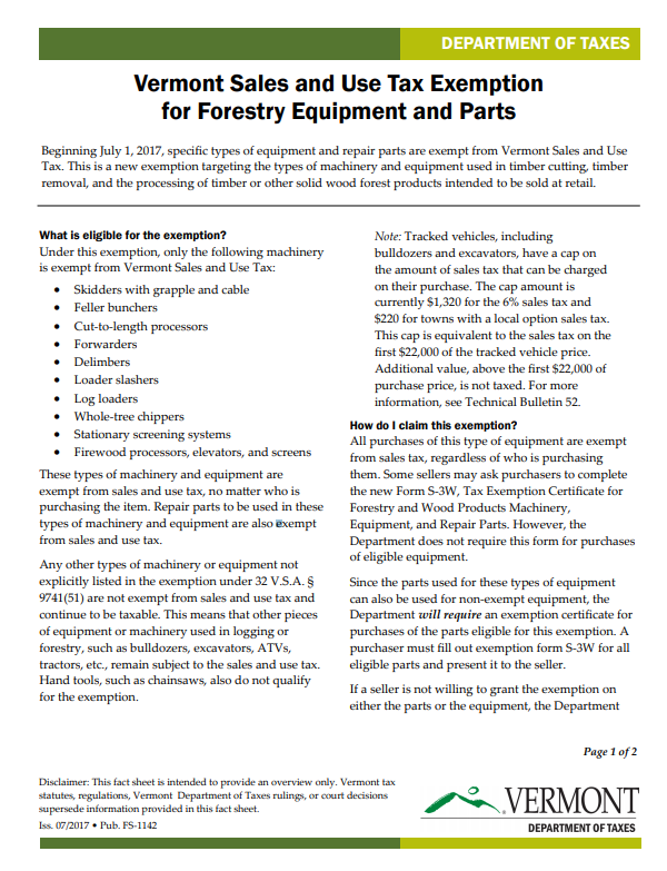 Thumbnail for Vermont Sales and Use Tax Exemption for Forestry Equipment and Parts