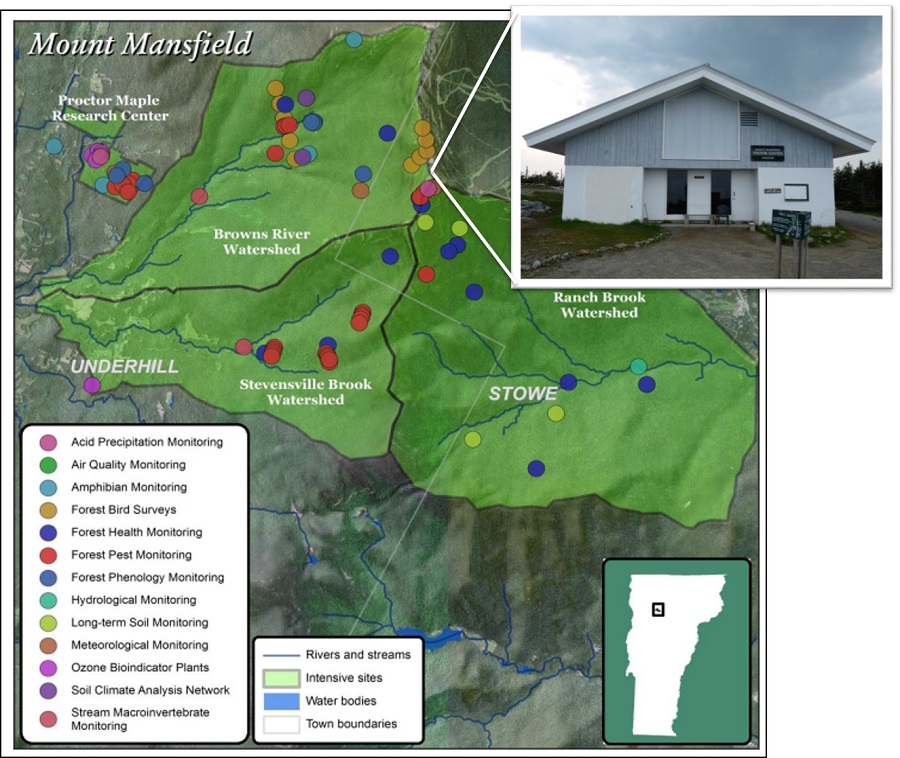 Map of historical and current ecological monitoring taking place on Mt. Mansfield