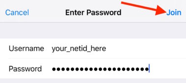 iOS network credential fields and Join button
