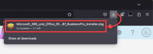Launching the Mac Office installer from the browser's downloads.