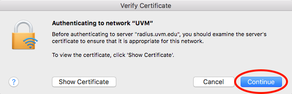 macOS UVM Wi-Fi Verify Certificate prompt with Continue button highlighted
