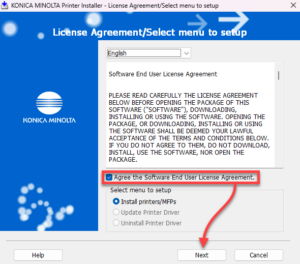 Windows printer driver license agreement.