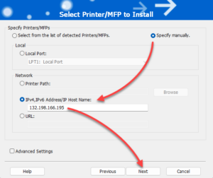 Adding the printer by IP address.