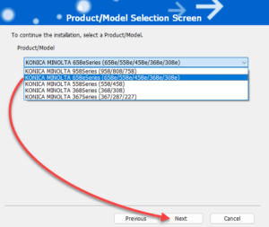 Selecting the printer model or series.