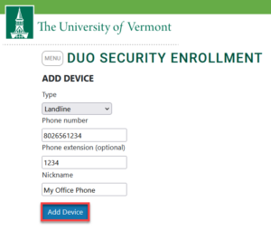 Device details for adding a landline as a Duo device.