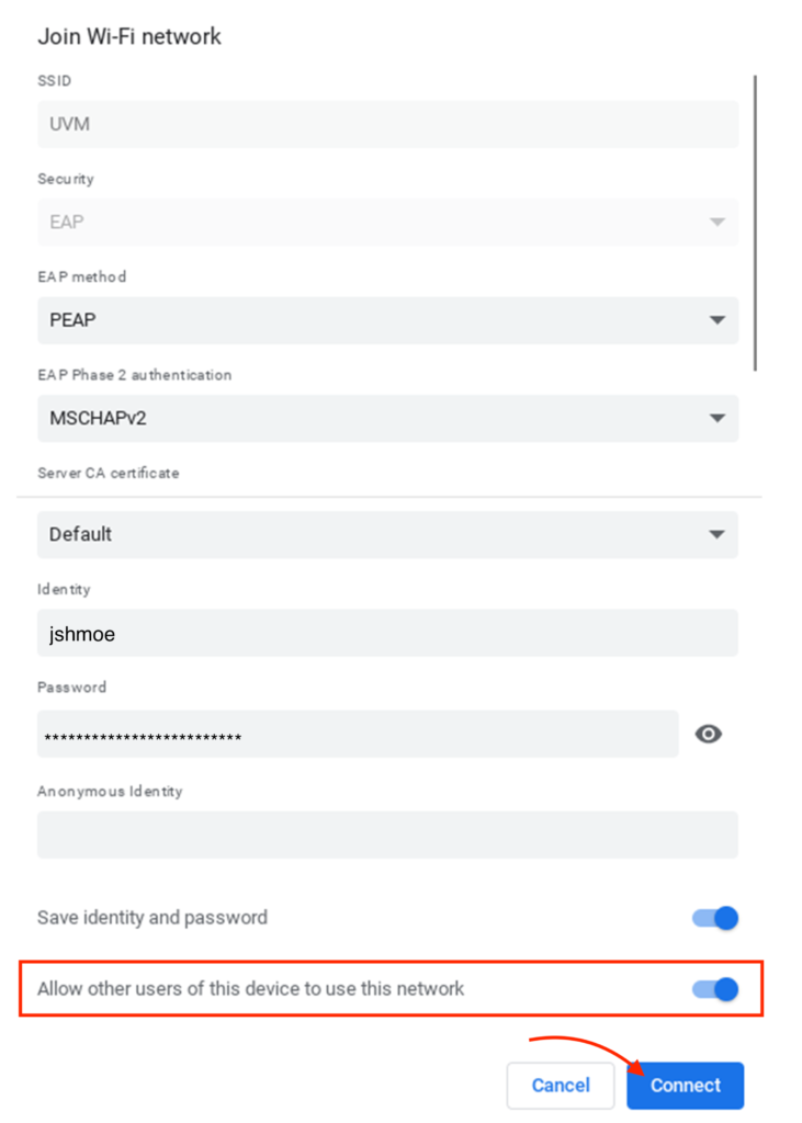 ChromeOS Wi-Fi connection settings and Connect button