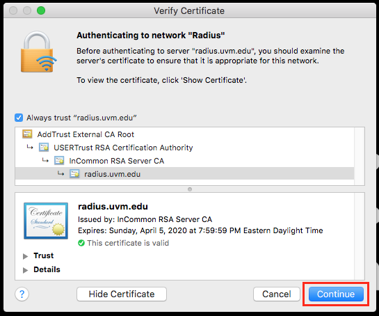 Mac Continue to confirm certificate.