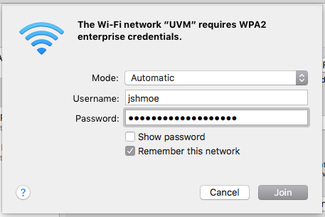 Mac UVM Wireless Username and Password window.