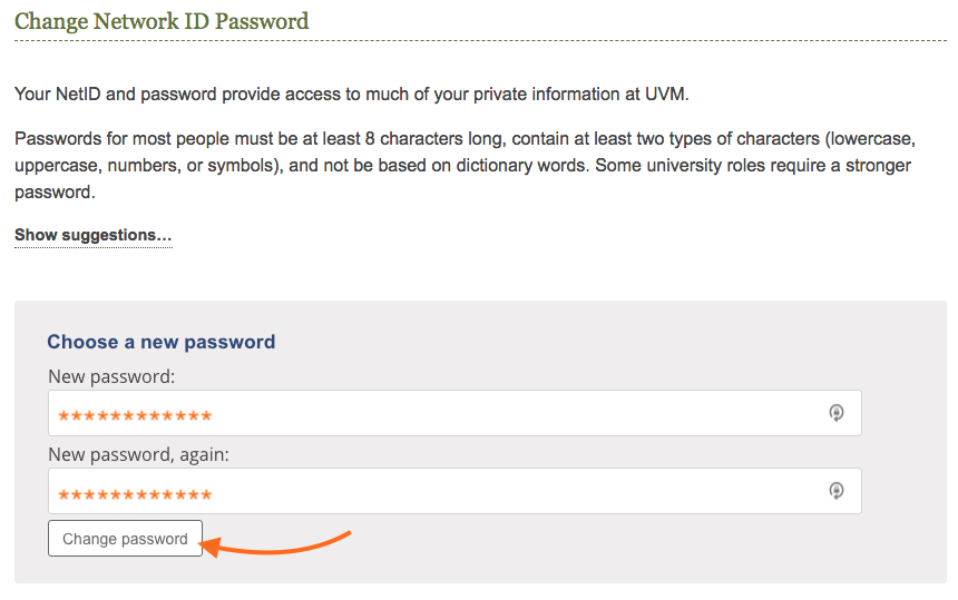 NetID Choose password page with Change password button highlighted