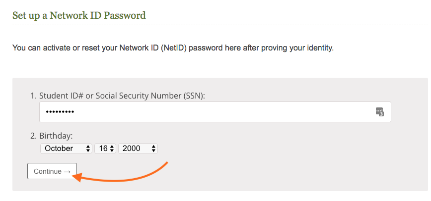 NetID Set up screen with Student ID# and Birthday filled in. Continue button highlighted