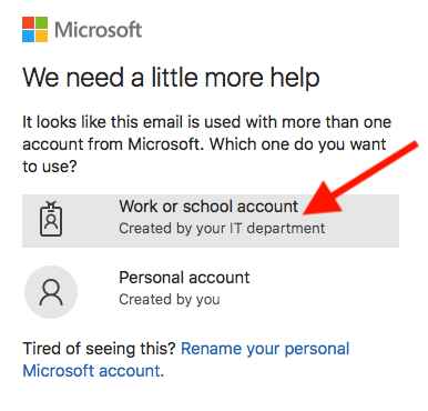 MS Sign-in Work or School Account option