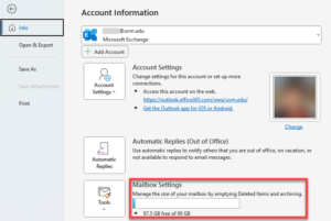 Outlook for Microsoft 365 mailbox quota.