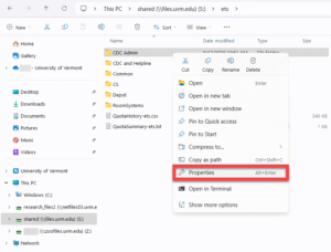 Opening a folder's Properties.