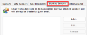 Outlook Blocked Senders tab.
