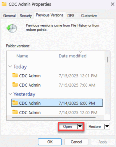 Opening a previous version of a folder.