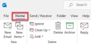 Outlook Home tab.