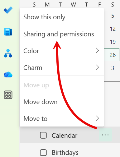 Calendar context menu with Sharing And Permissions highlighted