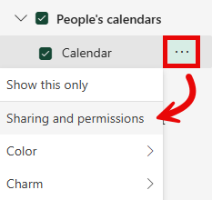 Calendar context menu with Sharing And Permissions highlighted