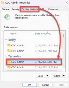 Selecting previous versions of a folder.