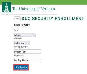 Device details for adding a non-smart phone as a Duo device.