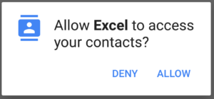 Allow Excel to Access your Contacts pop-up