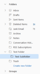 Exchange Online folder list with Test Subfolder.