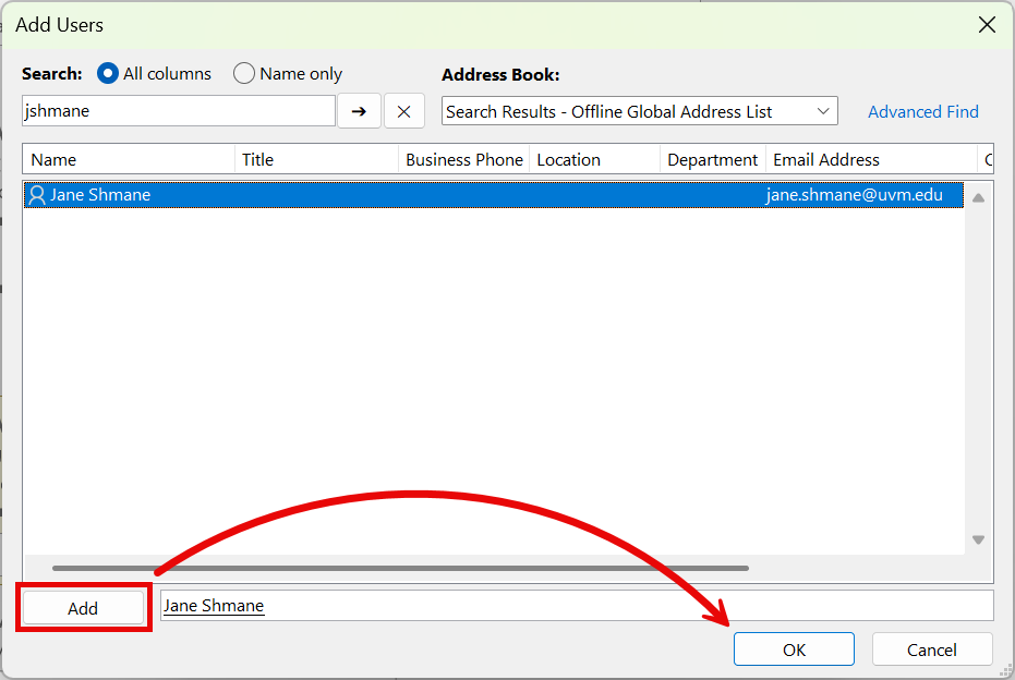 Add Users window with Add and OK buttons highlighted