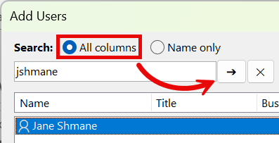 Add Users window with All Columns button highlighted