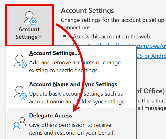 Account Settings drop-down with Delegate Access highlighted
