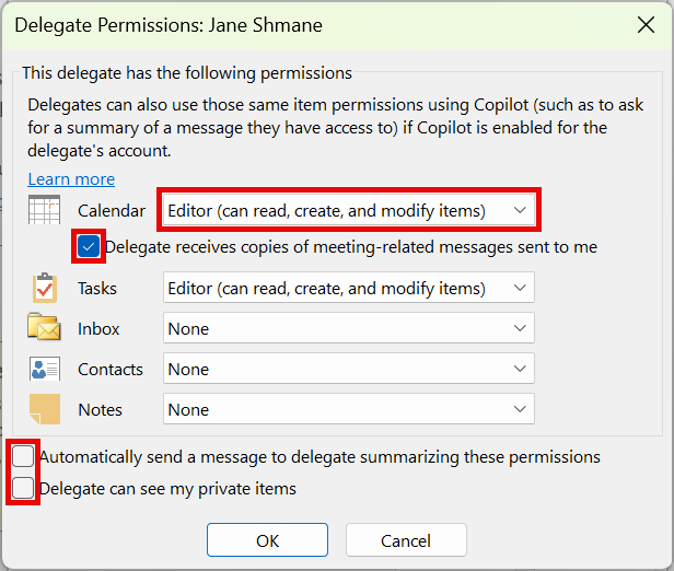 Delegate Permissions window with options highlighted