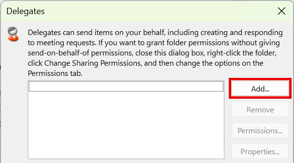 Delegates window with Add button highlighted