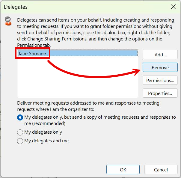 Delegates window Remove button