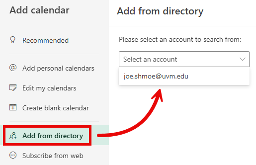 Add From Directory tab and Account Select drop-down menu