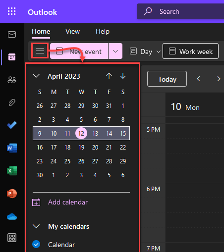 Diagram indicating how to toggle open the calendars pane