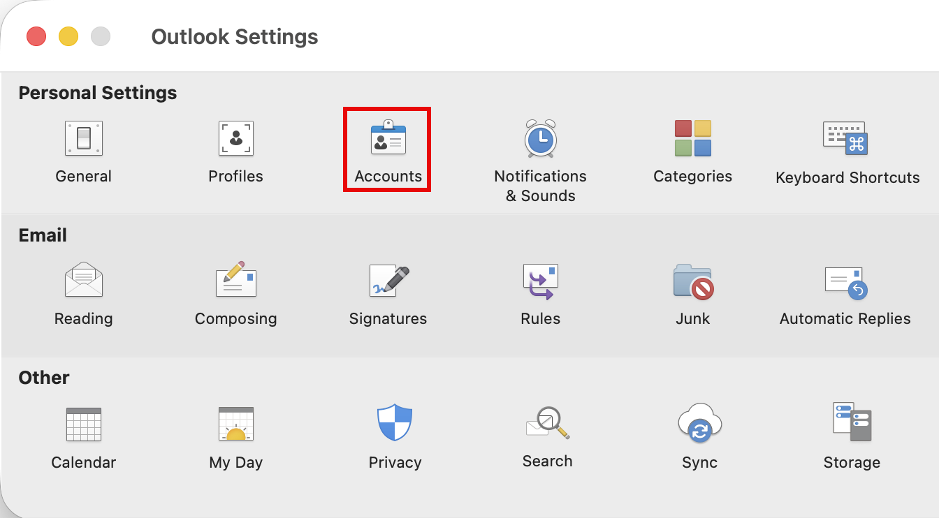 Outlook for macOS Settings window with Accounts highlighted