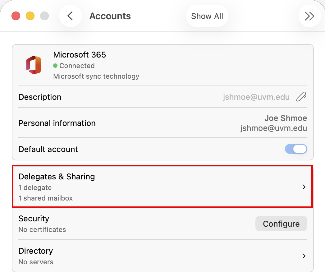 Outlook for macOS Accounts window Delegates & Sharing button