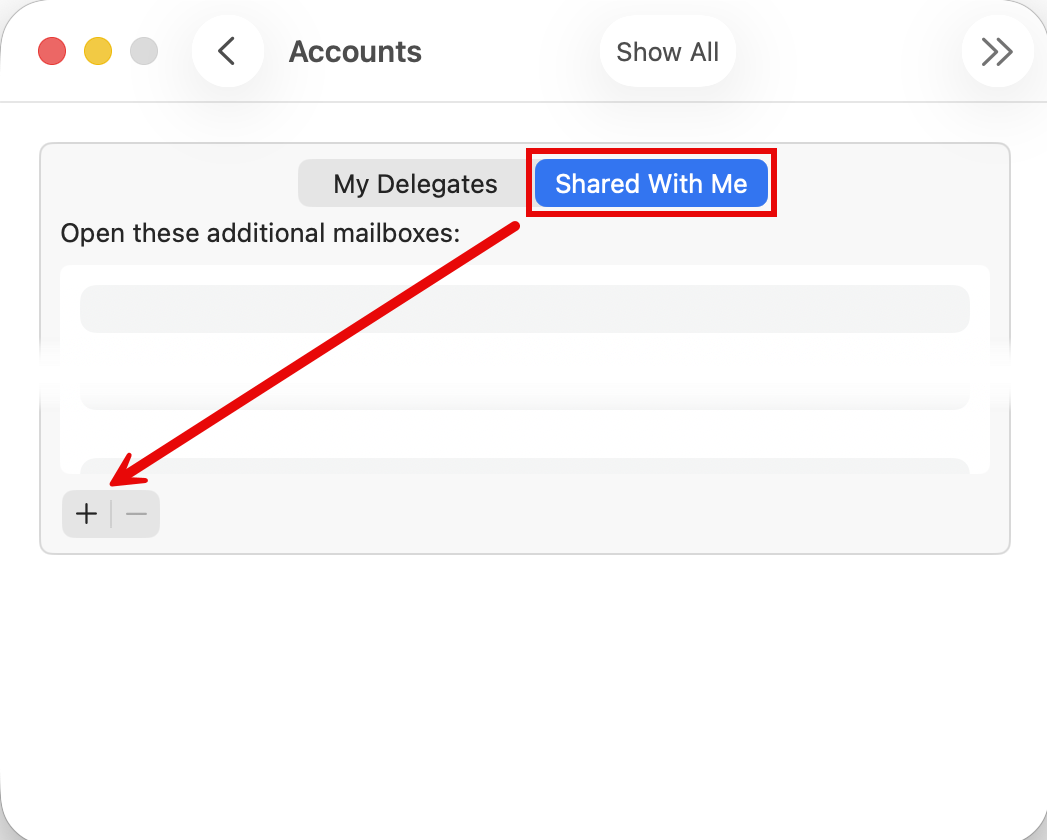 Accounts window Shared With Me tab and Add button