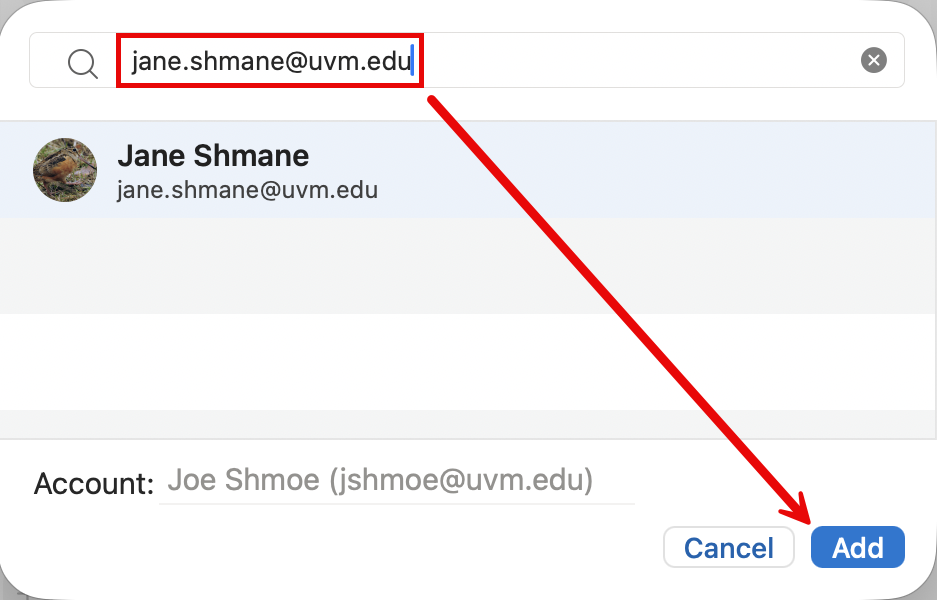 Share Account search and Add button