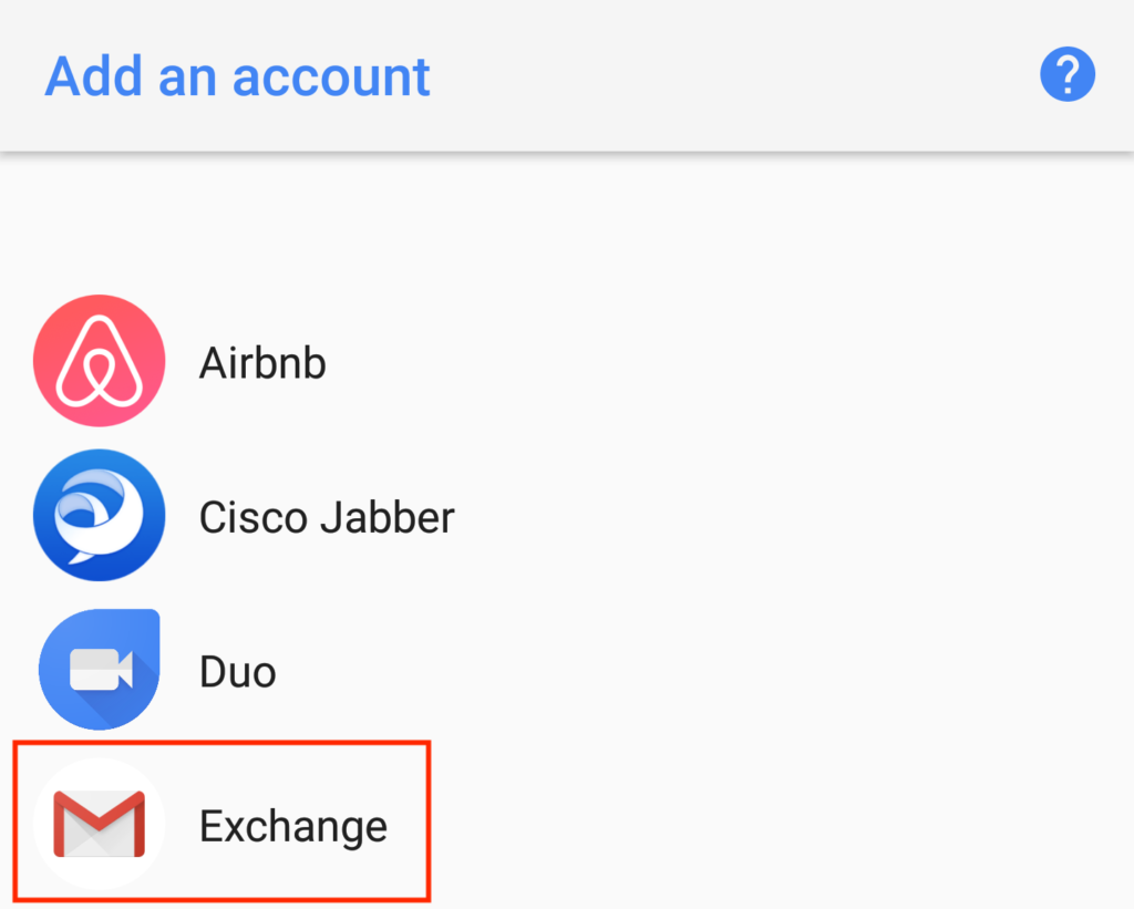 Android Add an account with Exchange option highlighted