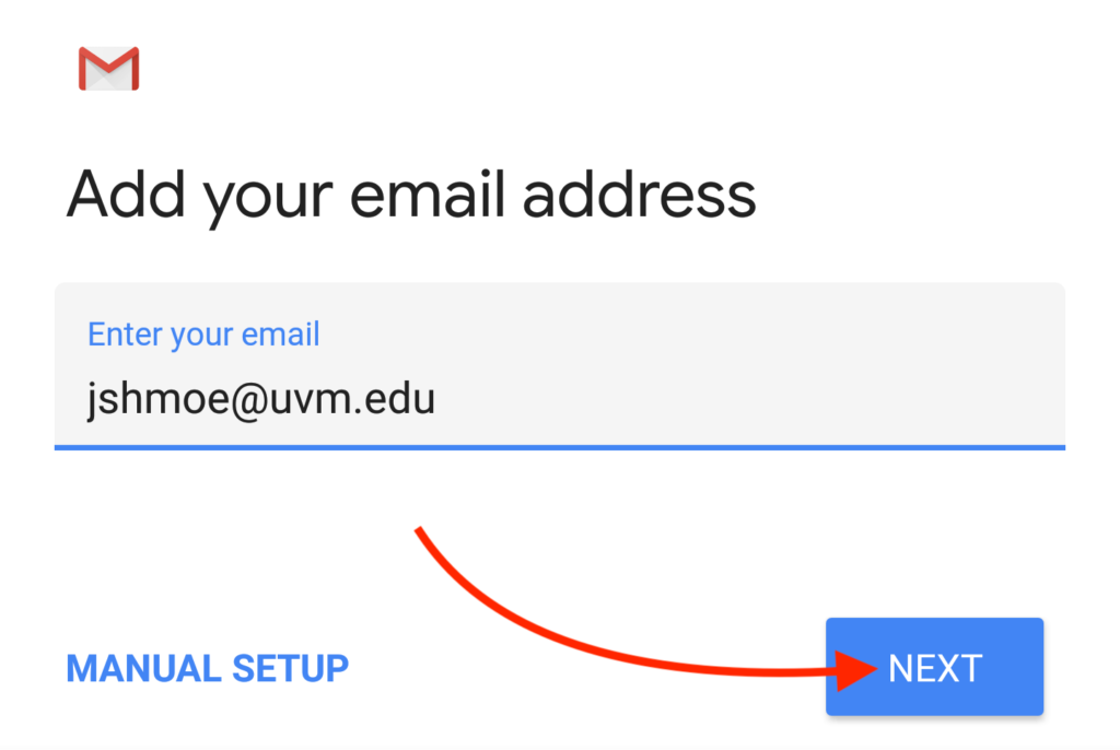 Android Add your email address screen with Next button highlighted