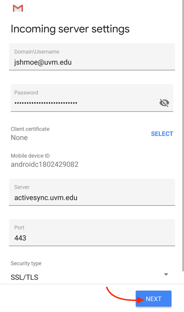 Android email Incoming server settings with Domain\Username, Password, Server, and Port fields filled in. Next button highlighted