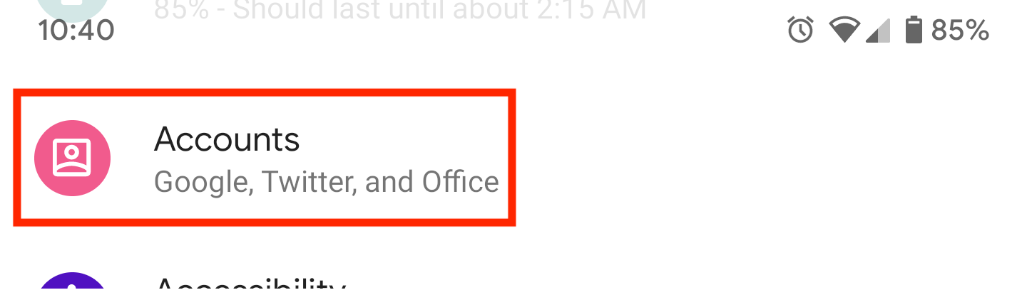 Android Settings app Accounts category highlighted