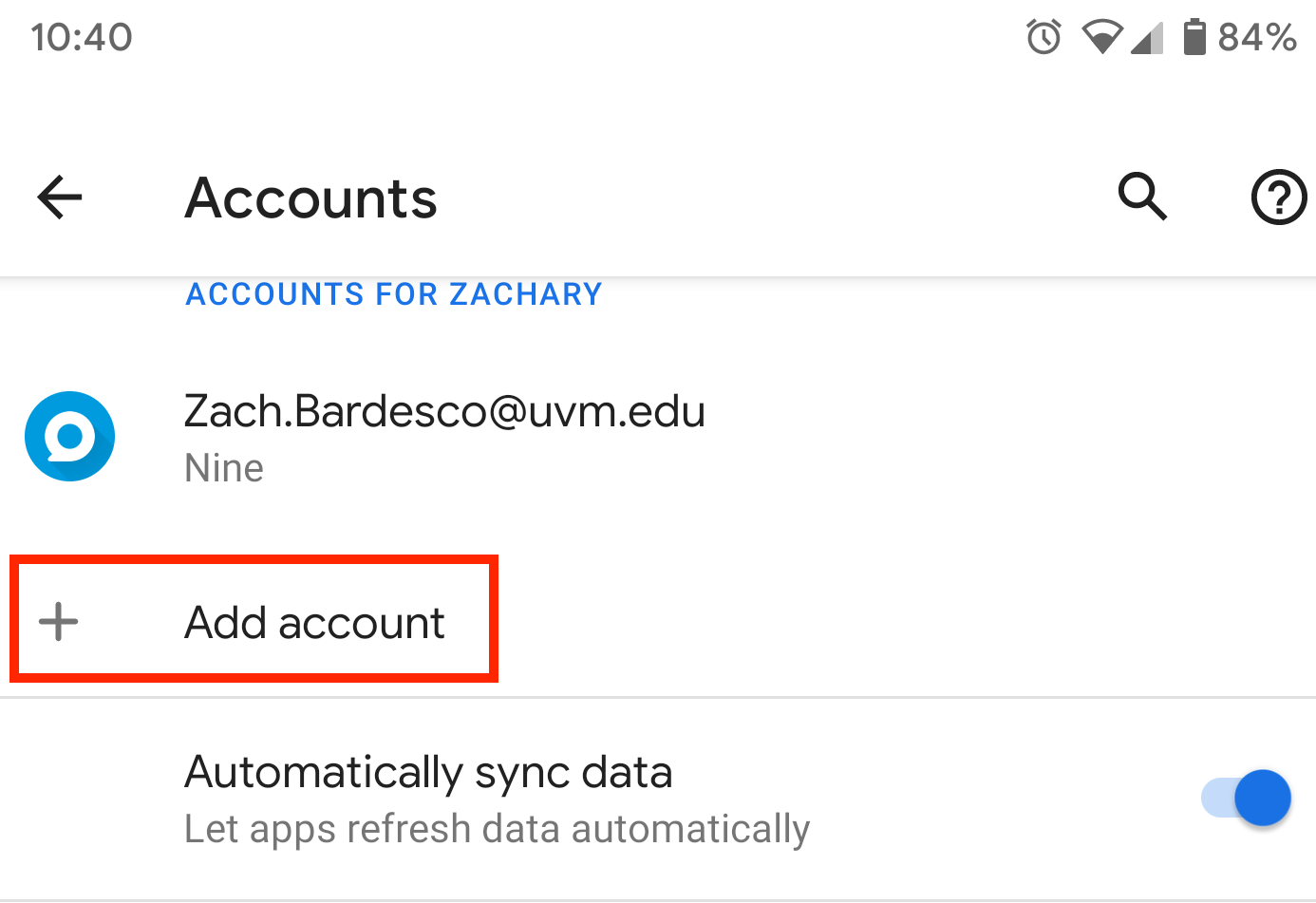 Android Accounts Settings with Add account highlighted