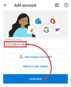 Outlook for Android Add account screen with email address and Continue button highlighted