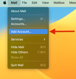 Apple Mail Mail menu with Add Account option highlighted