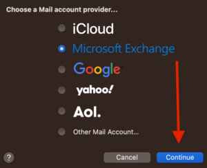 Mail account provider selection screen with Microsoft Exchange radio button and Continue button highlighted