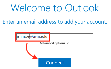 Outlook 2019 email address entry window prefilled with Connect button highlighted