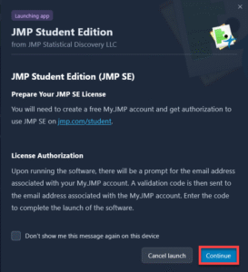 JMP Student Edition information pop-up.