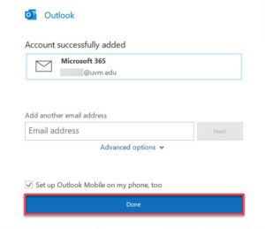 Add another email address chance window with Done button highlighted