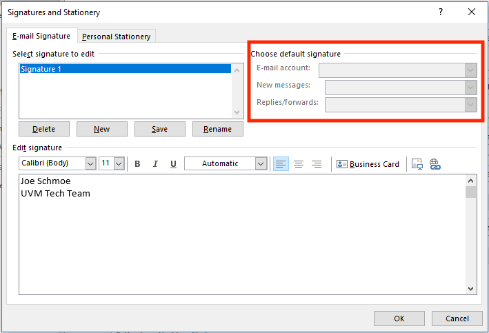 Outlook 2016 Chose default signatures.